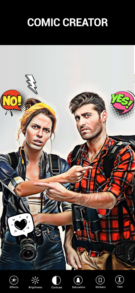 Photo To Cartoon Yourself Edit - Un hombre y una mujer editados al estilo de un cómic con pegatinas y bocadillos usando el editor de fotos de caricatura.