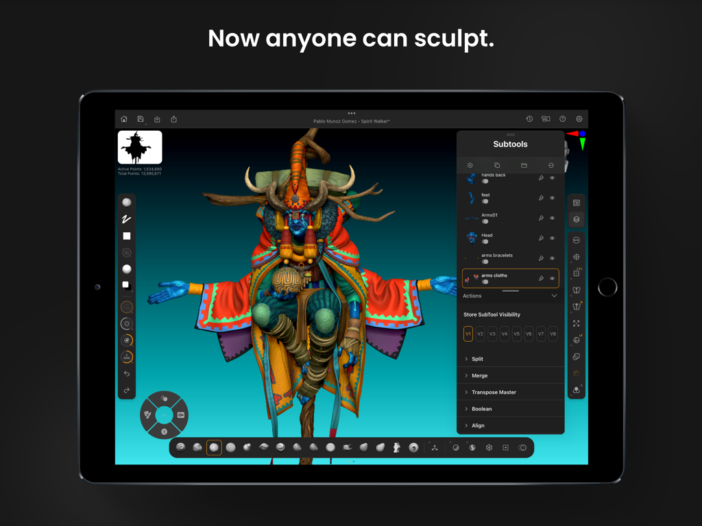ZBrush - Interfaz de ZBrush para iPad mostrando un modelo de personaje chamán 3D colorido con subtareas y menús de escultura