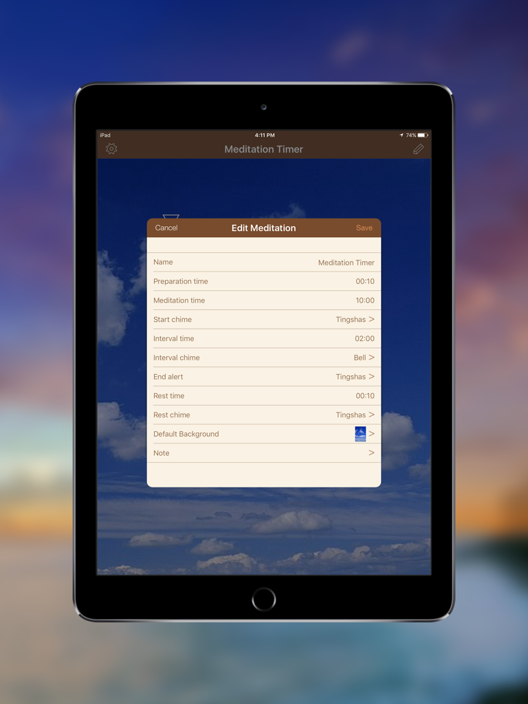 Schermata delle impostazioni per un timer di meditazione su un iPad che mostra varie opzioni di temporizzazione e rintocchi
