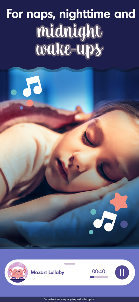 Un niño durmiendo pacíficamente mientras la aplicación Budge Bedtime reproduce una "Canción de Cuna de Mozart" para siestas y noches