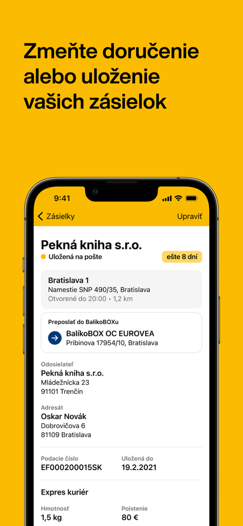 Slovenska posta mobile app interface showing shipment tracking details and delivery redirection options