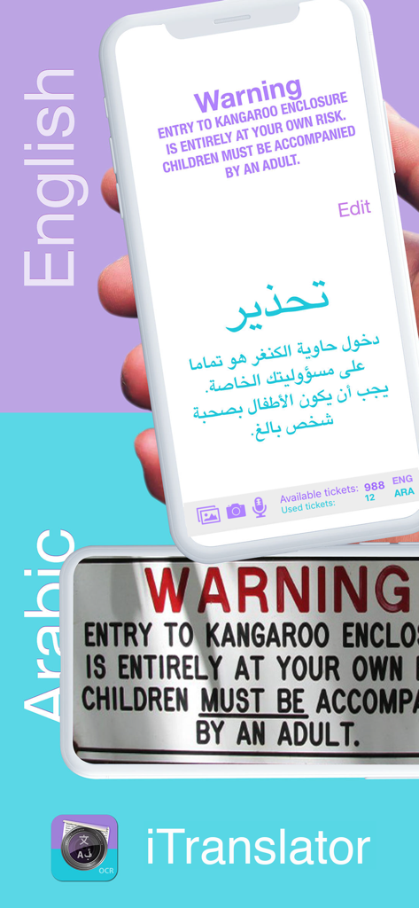 iTranslator - Photo To Text - Mobile app screen showing translation of an English warning sign into Arabic text