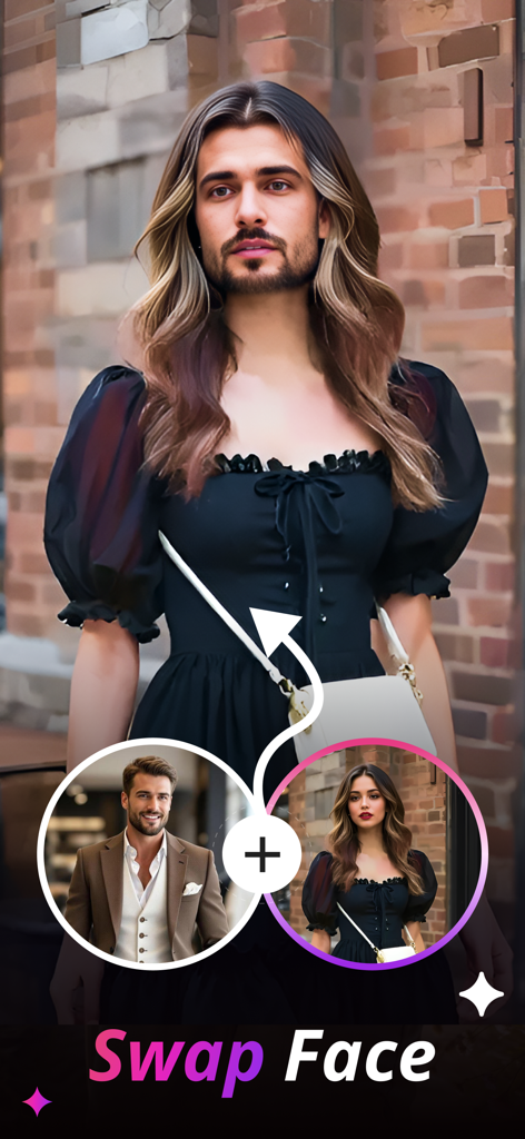 FaceMagic app interface showing a male face swapped onto a female portrait