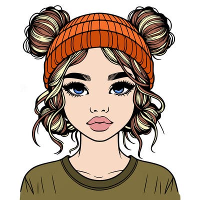 realistic girl with buns in her hair with a beanie on