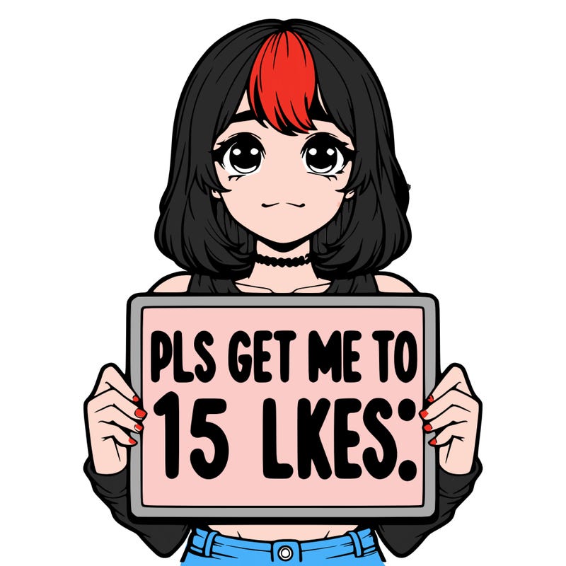 realistic girl holding up a sign that says “pls get me to 15 likes!”