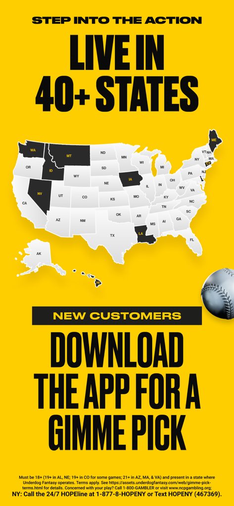 Map of the United States showing Underdog Sports is live in over 40 states with a special offer for new customers