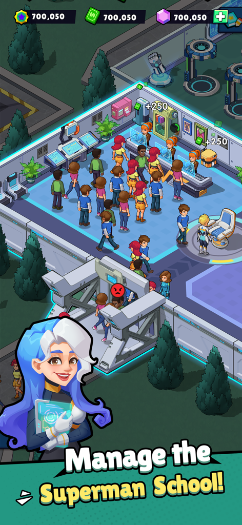 Idle Superpower School - Uma visão de cima para baixo de alunos fazendo fila em um balcão de recepção futurista no jogo Idle Superpower School com um guia de personagem em primeiro plano.