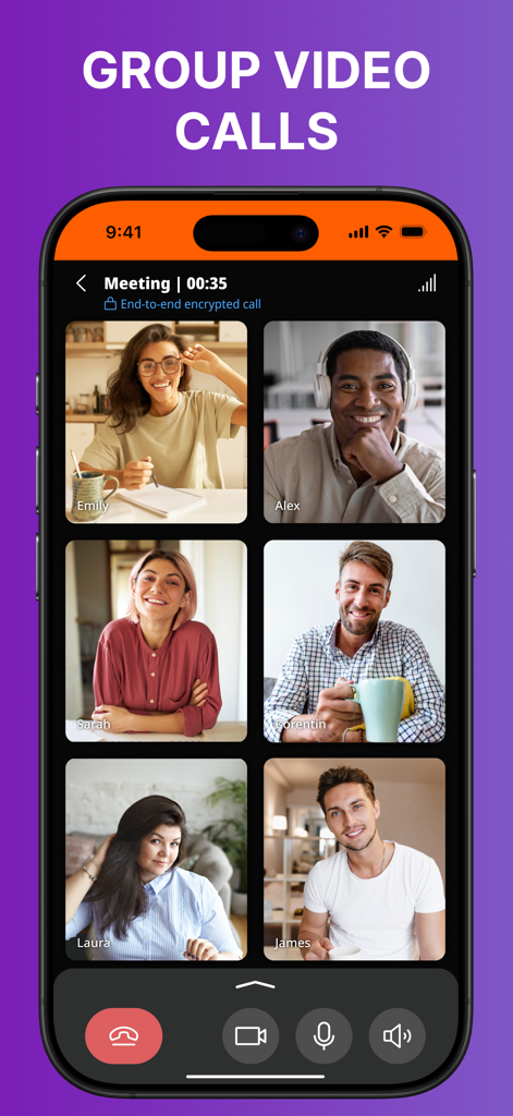 Ein Smartphone zeigt einen Gruppenvideoanruf in der Linphone-App mit sechs Teilnehmern und einer Benachrichtigung zur Ende-zu-Ende-Verschlüsselung.