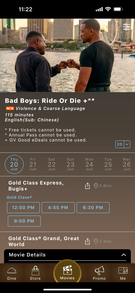 iGV - iGV app screen showing showtimes for the movie Bad Boys Ride or Die at Gold Class cinema locations