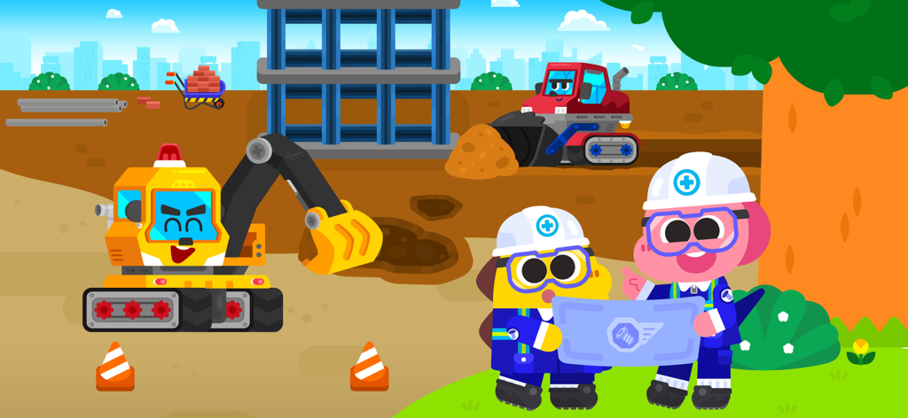 Coco y Lobi en una obra de construcción con una excavadora y un plano.