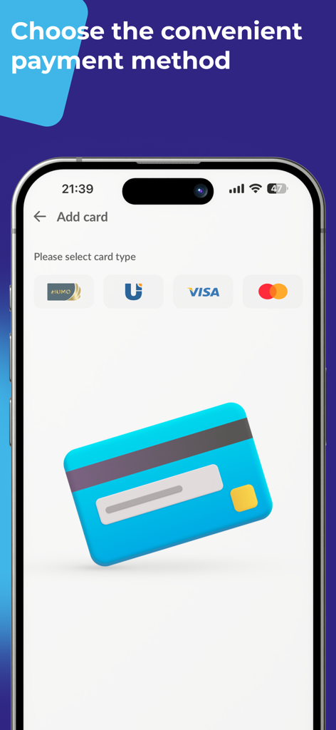 Mobile App-Oberfläche zur Auswahl einer Zahlungsmethode mit Optionen für Humo, Uzcard, Visa und Mastercard