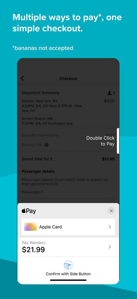 Checkout screen of the Wanderu app featuring Apple Pay integration for a quick bus ticket purchase