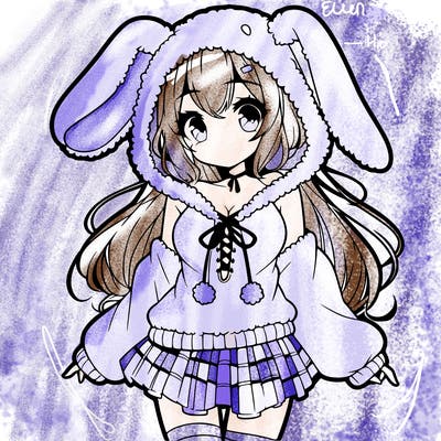 pretty anime girl wearing a fluffy hoodie with bunny ears on the hood and a skirt