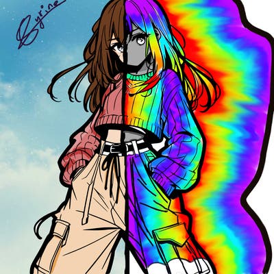 anime teen girl with baggy pants and crop top with sweater