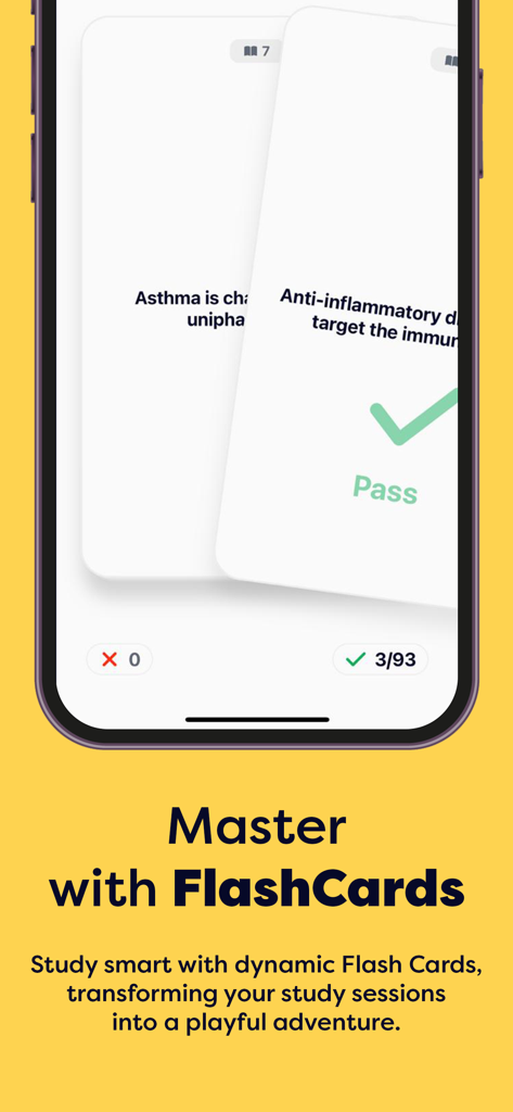 Interfaccia dell'app Studi mobile che mostra flashcard digitali interattive e un tracker dei progressi di studio.