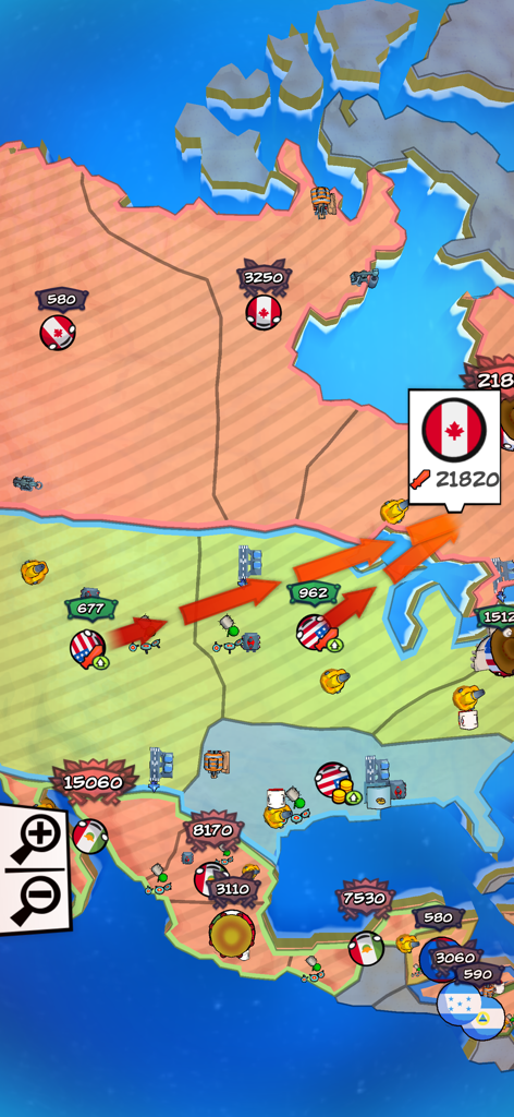Gameplay of Country Balls State Takeover showing a US countryball army invading Canada on a colorful strategy map of North America.