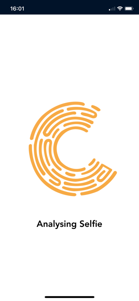 Credas app interface showing the Analysing Selfie step with an orange fingerprint logo