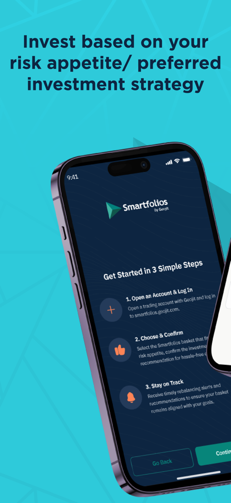 Geojit Smartfolios - Geojit Smartfolios mobile app onboarding screen showing three simple steps to start investing based on risk appetite