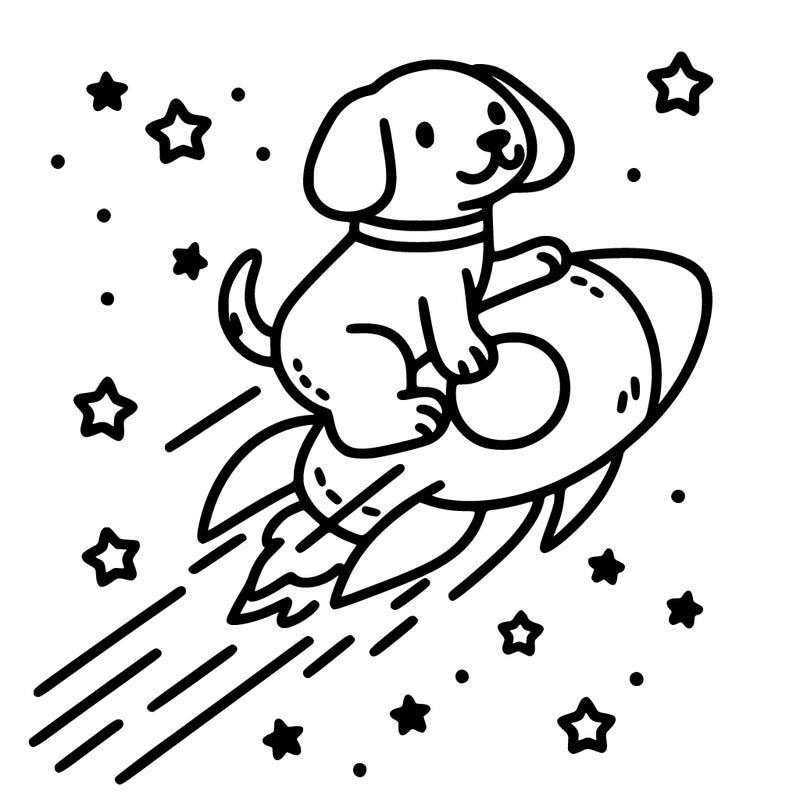 thin and crisp lines dog riding a comet through space for coloring book