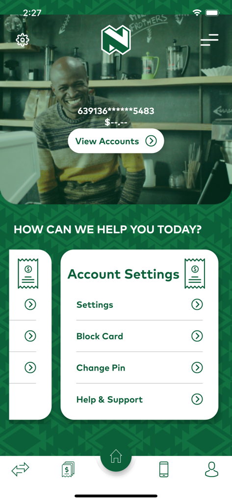 Nedbank Mobile Bankingアプリのアカウント設定画面。カードのブロックやPINの変更オプションが表示されています。
