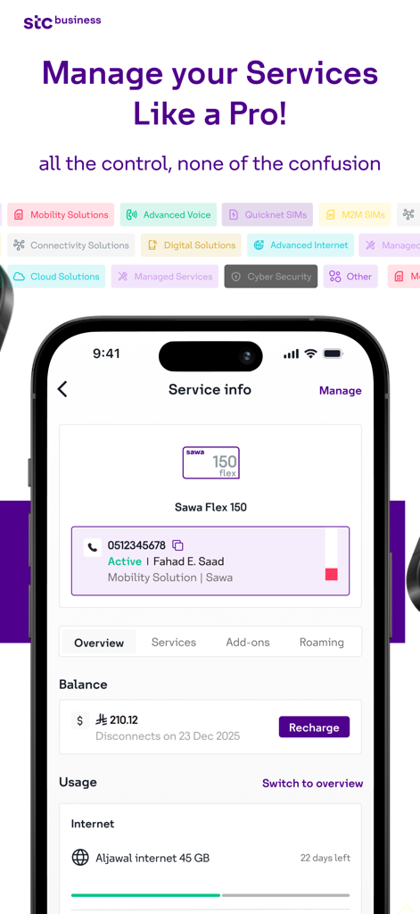 Un'interfaccia mobile dell'app stc business che mostra informazioni dettagliate sul servizio per un piano Sawa Flex 150, incluso saldo e utilizzo