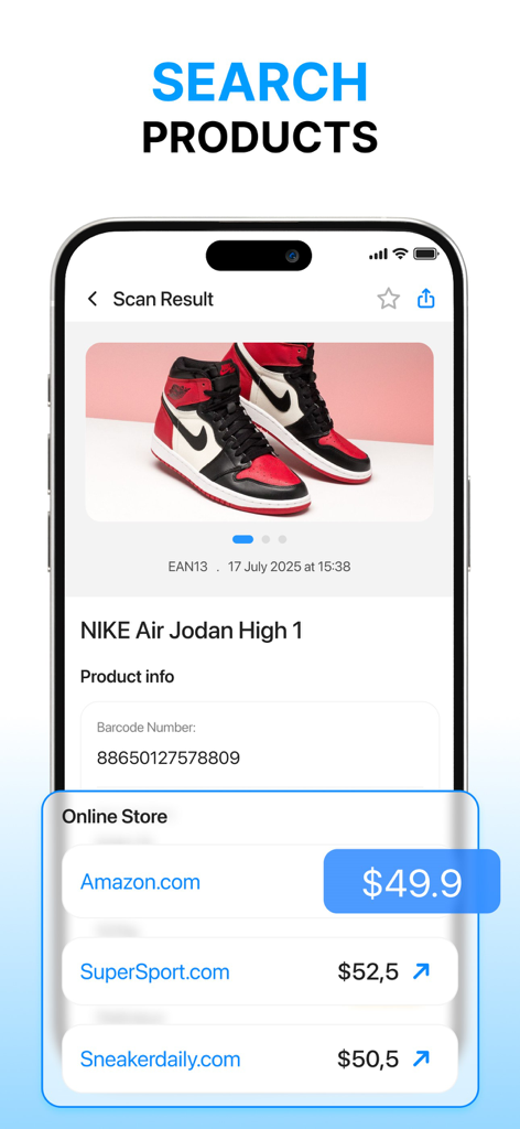 Scan QR Code Master app showing barcode search result and price comparison for sneakers across multiple online stores