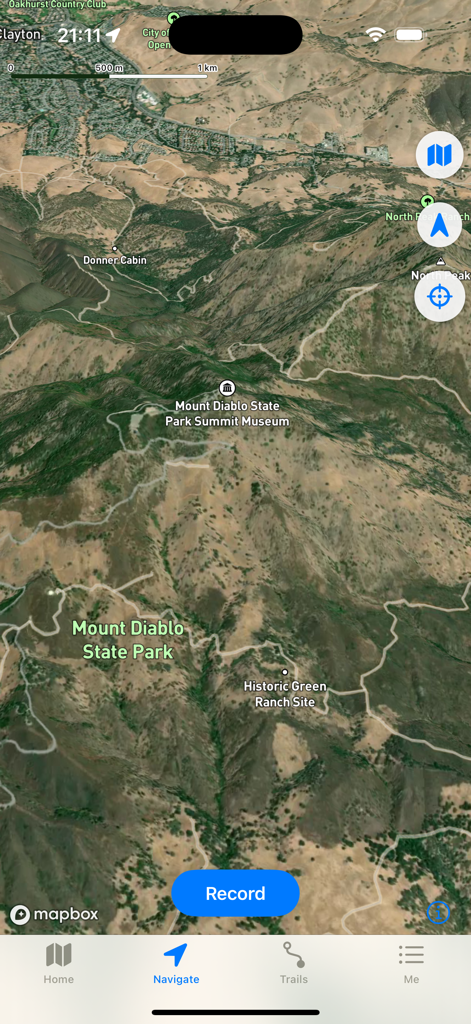 Hikely - Hike, Bike, Run - Aplicación Hikely que muestra un mapa satelital de las rutas del Parque Estatal Mount Diablo