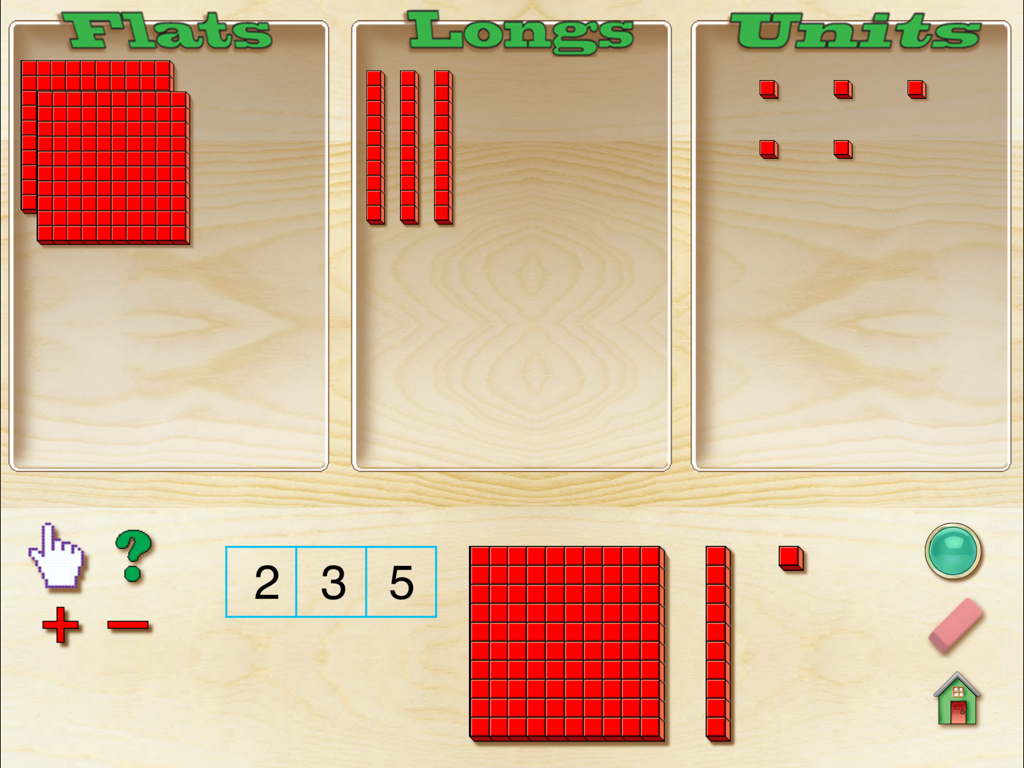 Base Ten Blocks ES - Interfaz de la aplicación Base Ten Blocks ES que muestra la representación del valor posicional del número 235 utilizando planos, largos y unidades.