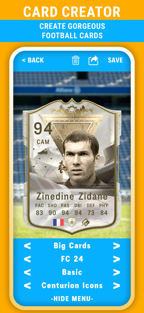 FC Card Creator 24 FUT - Mobile app interface showing a Zinedine Zidane Centurion Icon football card being created in FC Card Creator 24.