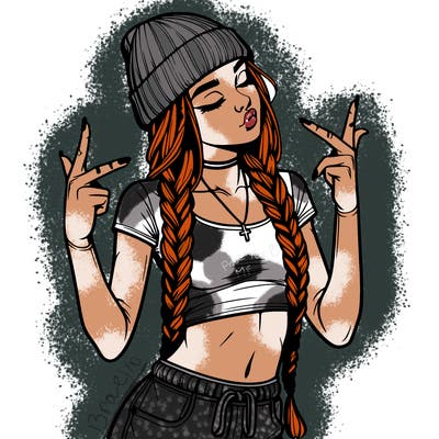 realistic teenage girl with braids and a beanie and crop top doing 🫶🏼