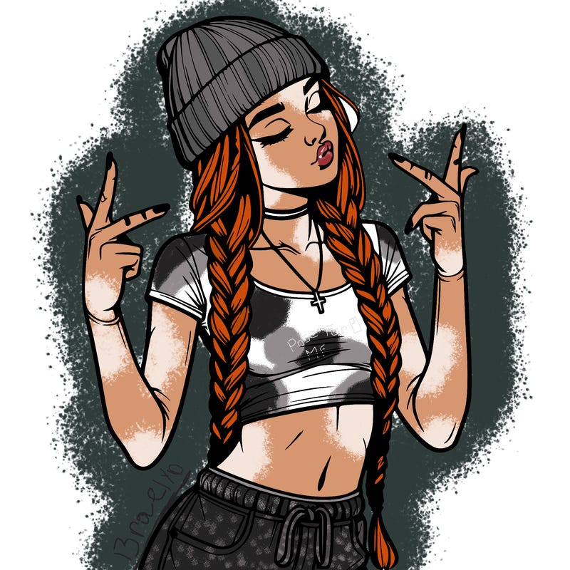 realistic teenage girl with braids and a beanie and crop top doing 🫶🏼