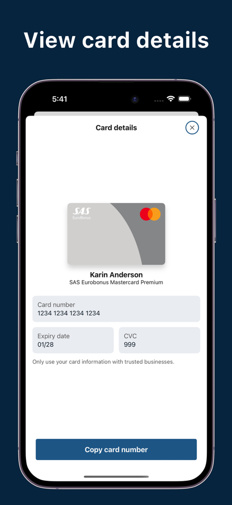 Tela de detalhes do cartão do aplicativo SAS EuroBonus World Mastercard mostrando o número do cartão e informações de segurança