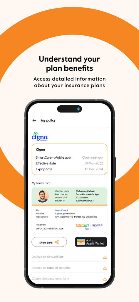Mobile app screen showing Cigna insurance policy details and a digital health card with an option to add to Apple Wallet.