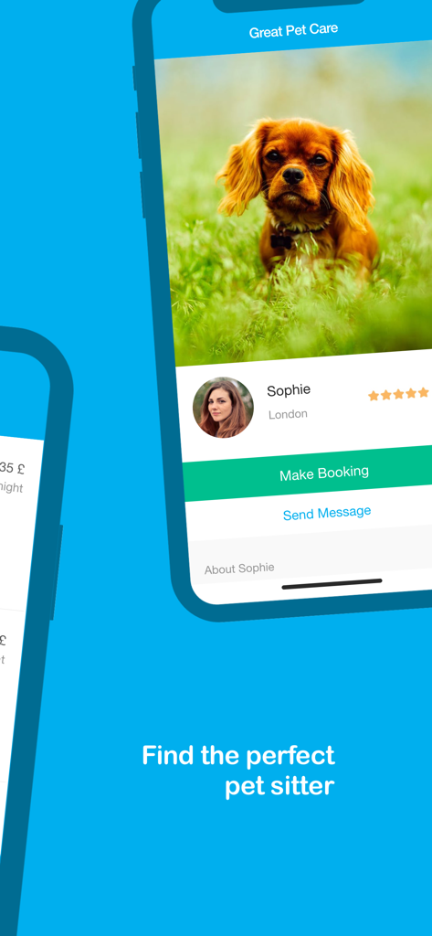 Pawshake - Dog & Pet Sitter - Pawshake mobile app interface displaying a dog sitter profile with five star reviews and booking buttons