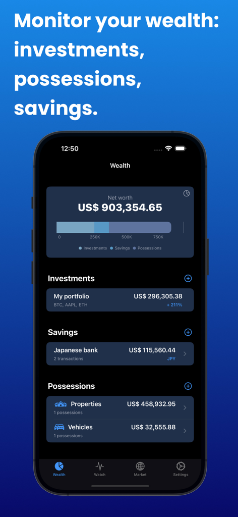 Bitfolio app interface displaying total net worth across investments savings and physical assets
