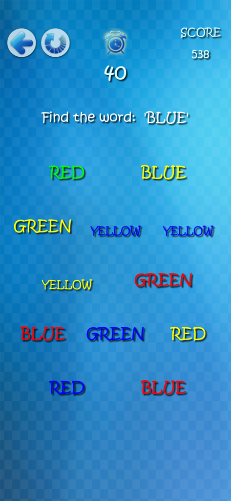 Jugabilidad de la aplicación Brain Trainer que muestra un ejercicio cognitivo del efecto Stroop donde los usuarios deben identificar palabras de color.