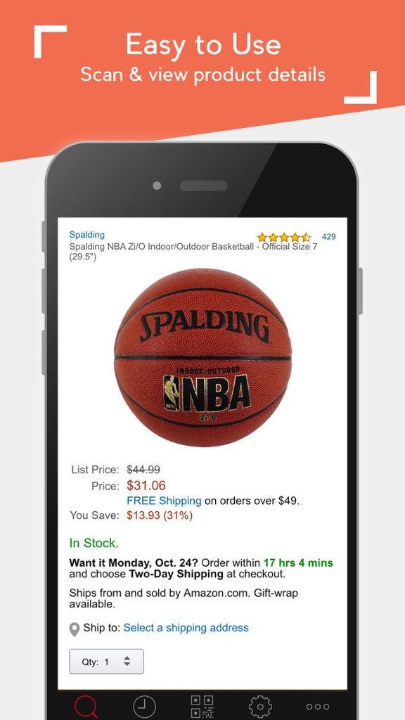Barcode scanner app interface showing price details and savings for a basketball