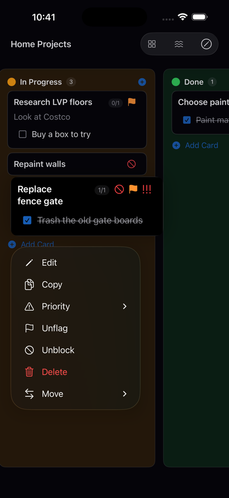My Task Board - To Do Tracker - My Task Board App zeigt eine Kanban-Board-Oberfläche mit einem geöffneten Kontextmenü zur Aufgabenverwaltung auf dem iPhone