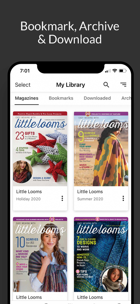 Little Looms - Little Looms app interface showing a digital magazine library with various weaving project issues