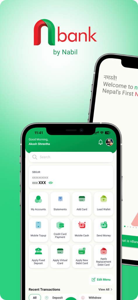 nBank - Interface de l'application mobile nBank affichant les services de compte et le tableau de bord financier de Nabil Bank.