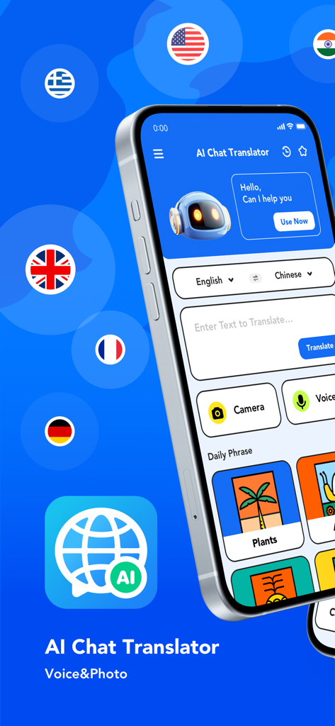 AI Chat Translator:Voice&Photo - AIチャット翻訳アプリのインターフェースを表示するスマートフォン。カメラと音声翻訳機能が備わっています。