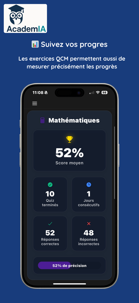 academia (8eb885) - Academia app dashboard displaying a student's mathematics progress with scores and quiz statistics.