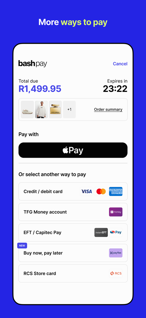 bash™ - Tela de checkout do aplicativo Bash mostrando várias opções de pagamento, incluindo Apple Pay e cartões de crédito