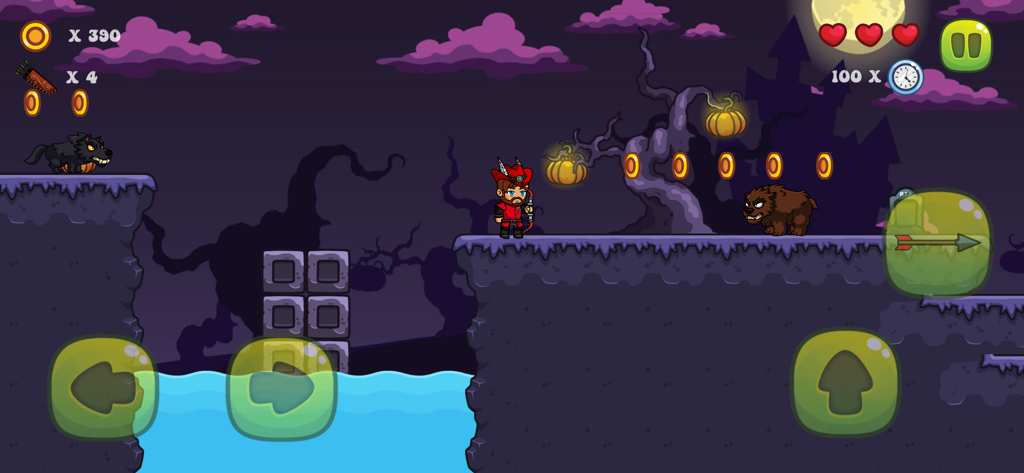 Archer's World - Archer's World gameplay showing a character in a red suit navigating a spooky night-themed level with monsters and coins