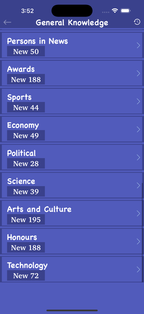 World General Knowledge - GK - Una pantalla de menú de la aplicación World General Knowledge mostrando una lista de categorías de estudio como Deportes, Economía y Ciencia.