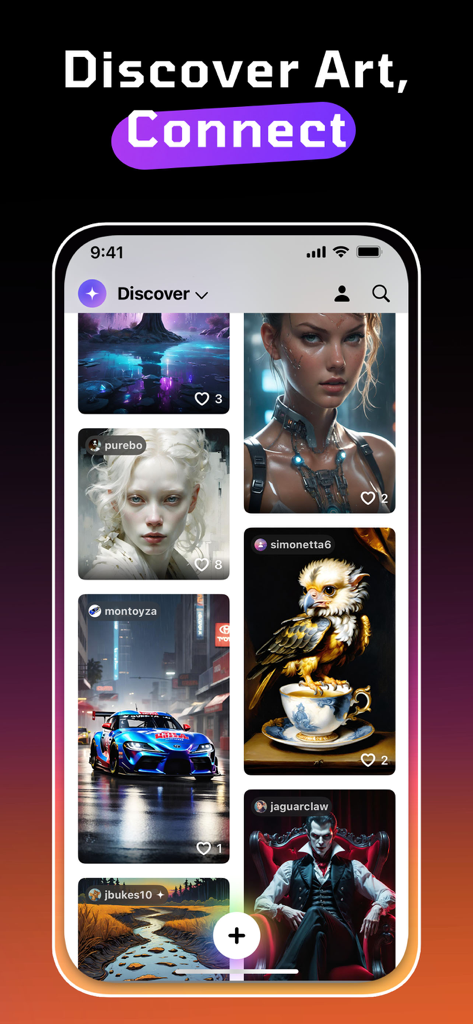 WOMBO Dream - AI Art Generator - Mobile interface of WOMBO Dream showing a discover feed with various AI generated artworks and user profiles