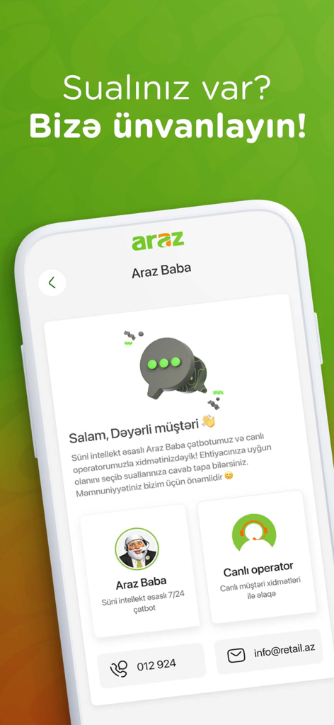 Araz Supermarket - Customer support screen of Araz Supermarket app featuring an AI chatbot named Araz Baba and live operator contact options.