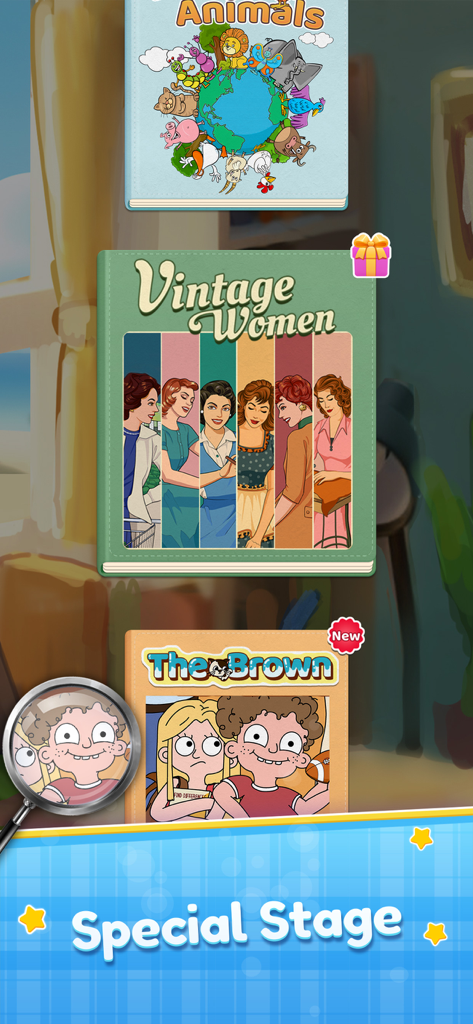 Find the Differences: Spot Fun - 빈티지 여성 및 브라운 가족과 같은 테마를 특징으로 하는 Find the Differences 게임의 특별 스테이지 선택 화면.
