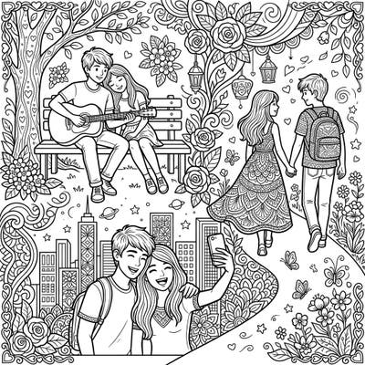 Discover the joy of coloring with this beautifully detailed page, celebrating the sweet moments of romantic teenage couples. Designed for adults, it offers intricate scenes perfect for hours of creative relaxation.