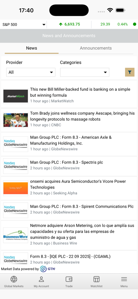Arzan Trader - Flux d'actualités financières dans l'application Arzan Trader montrant les mises à jour du marché mondial